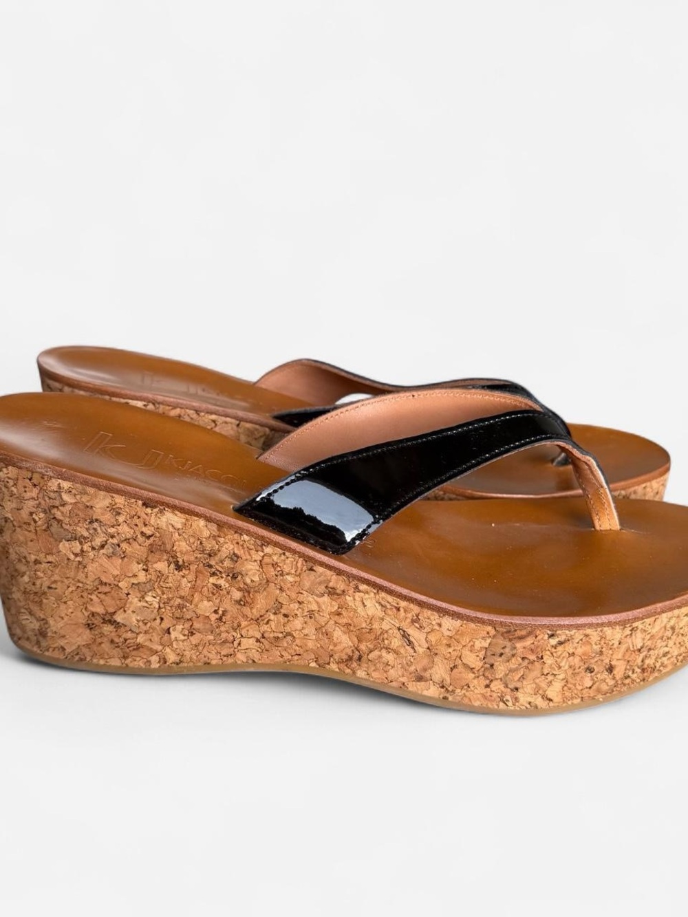 Women’s Wedge Cork Flip-Flop Sandals with Black Patent Straps - Picture 1 of 4